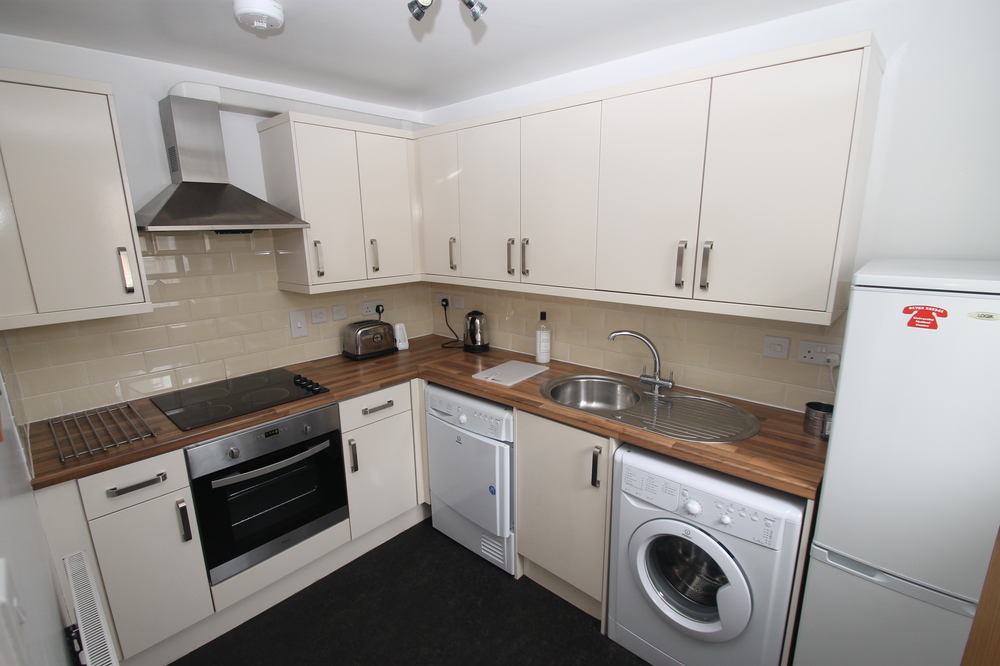 Kitchen with induction hobs and cooker, washing machine, tumble dryer and fridge freezer