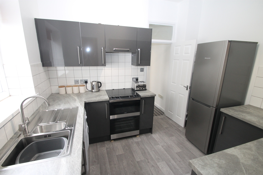 kitchen with induction hobs and cooker, fridge freezer, washing machine and sink