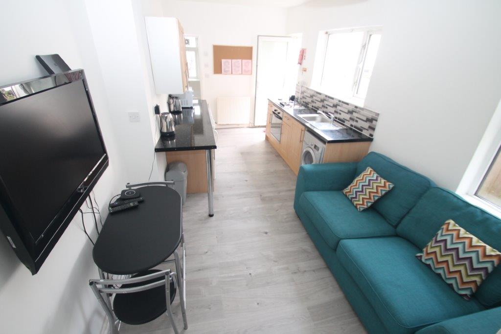 Living and kitchen area with blue two-seater sofa, wall mounted tv, small black dining table with two chairs, gas hob and cooker, washer/dryer