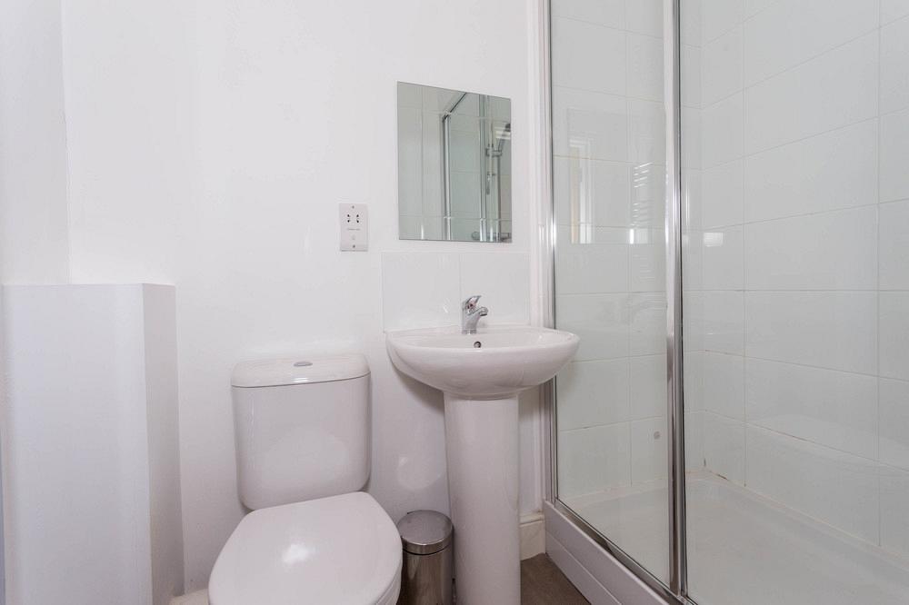En-suite bathroom with shower, wall mounted mirror above sink