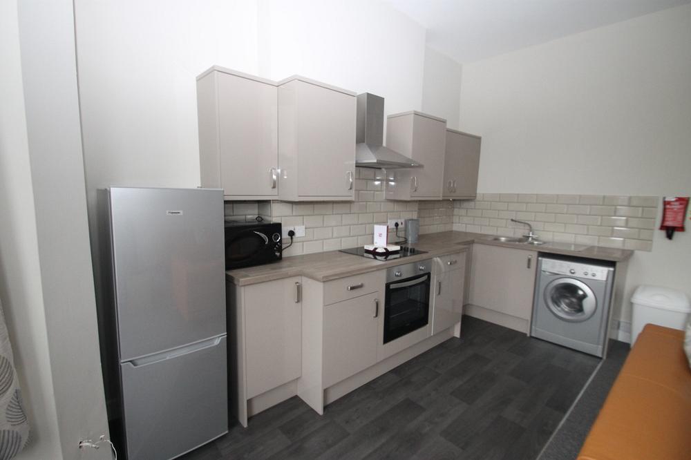 kitchen area with fridge freezer, induction hob and cooker and washer/dryer