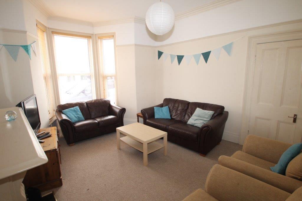 shared living room with two leather two-seater sofas, two armchairs, coffee table, television on tv stand and blue bunting on walls
