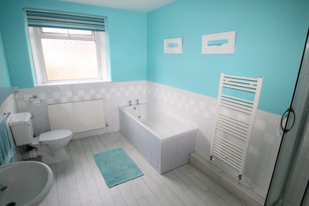 blue walled shared bathroom with bath, towel rack radiator 