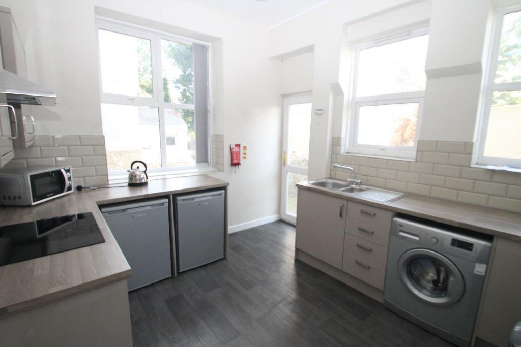 Kitchen with two small fridge freezers, induction hobs and cooker, washer/dryer and sink