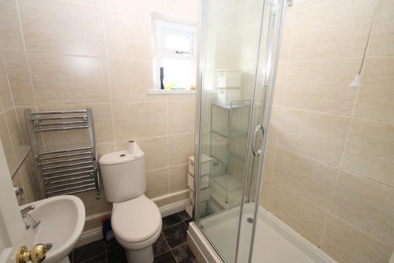Shared bathroom with large shower, mirror and shelf above sink and towel rack radiator 