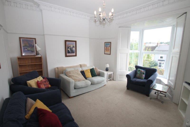 Large shared living room with two two-seater sofas, two blue armchairs, shelving units and large bay windows