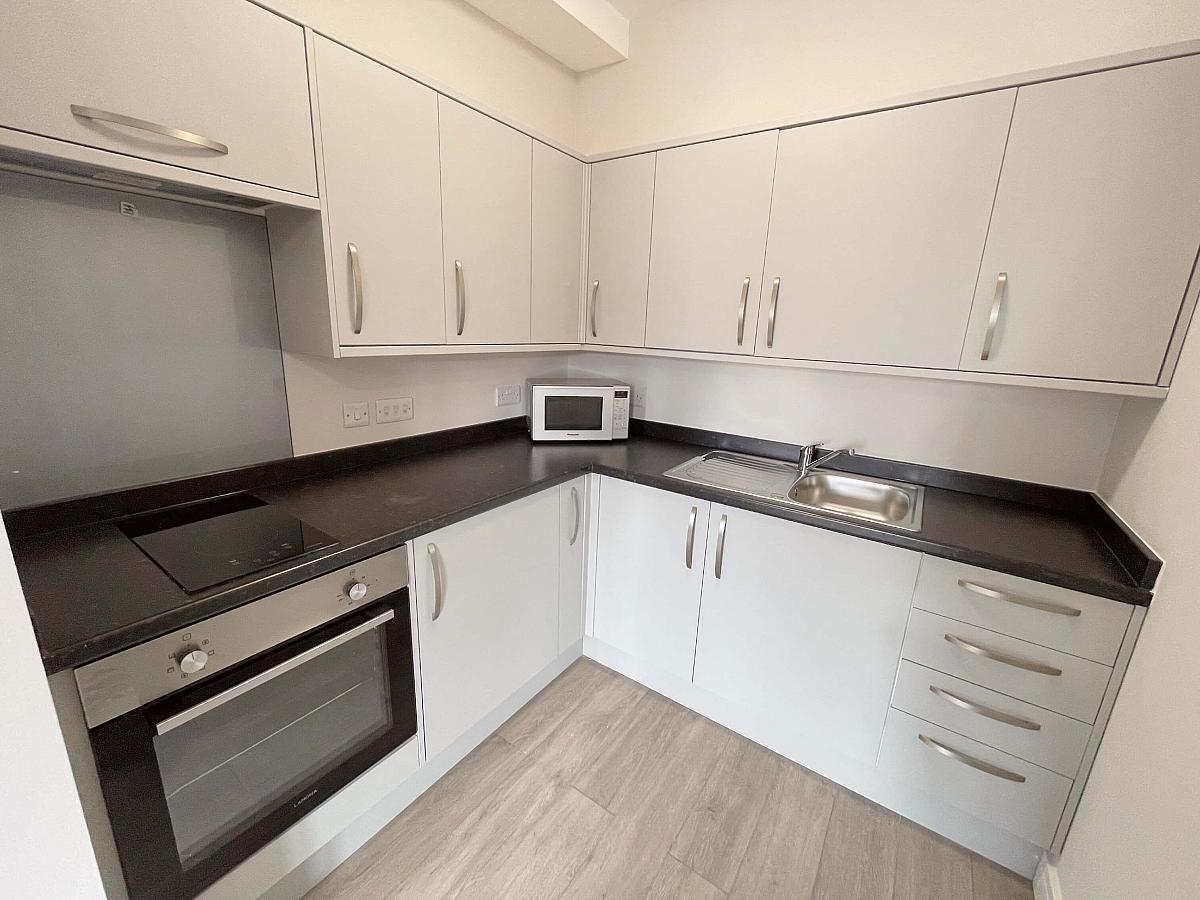 Kitchen area with small fridge freezer, cooker, two hobs and microwave