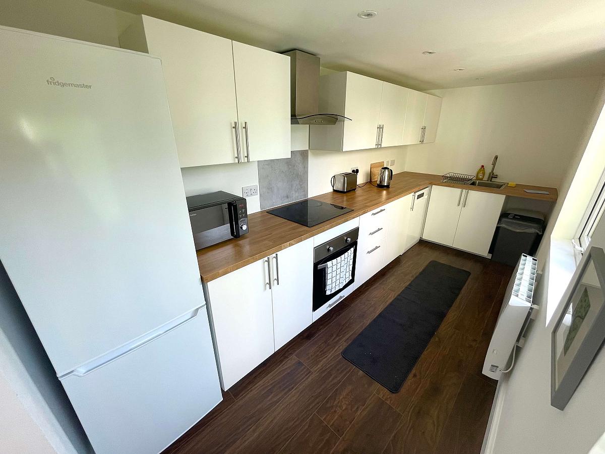 shared kitchen with induction hob and cooker with fridge freezer 