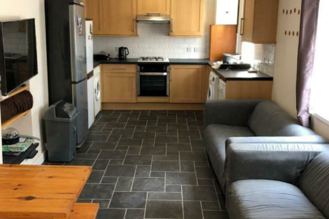 Shared kitchen with fridge freezer, washing machine, hob and cooker plus living space with two seater sofas